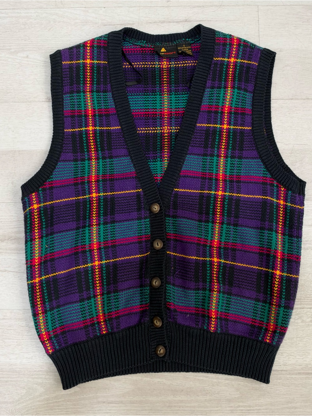 Liz Sport Plaid Knit Button-Up Sweater Vest (Purple / Multi) Womens Size S